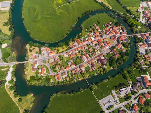 Kostanjevica Krki Medieval Town Surrounded Krka River Slovenia Europe Aerial ストックフォト