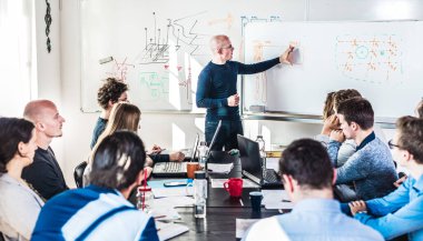 Informal IT business startup company meeting. Team leader discussing and brainstorming new approaches and ideas with colleagues. Startup business and entrepreneurship concept.