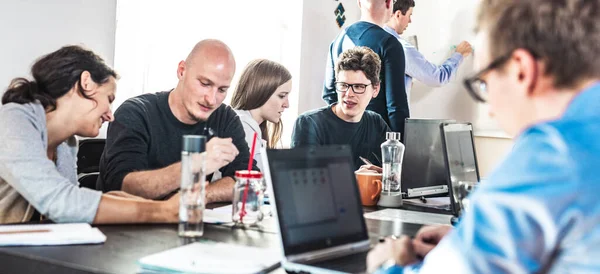 Startup business and entrepreneurship problem solving. Young AI programmers and IT software developers team brainstorming and programming on desktop computer in startup company share office space