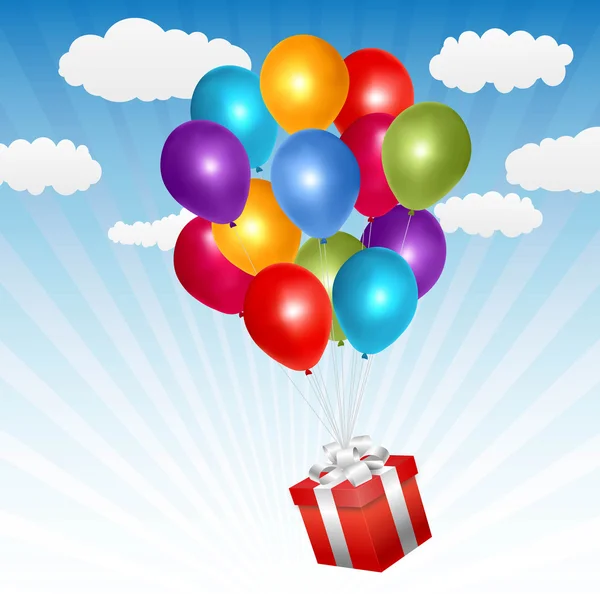 Caixa de presente vetorial com muitos balões no céu azul — Vetor de Stock