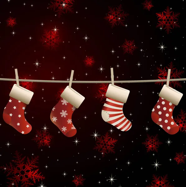 Vector hanging christmas socks on a clothesline — Stock Vector