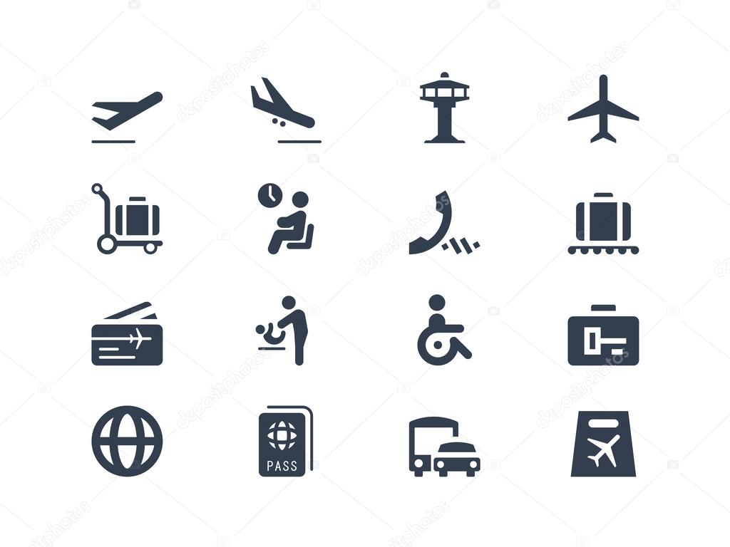 Airport icons on white background