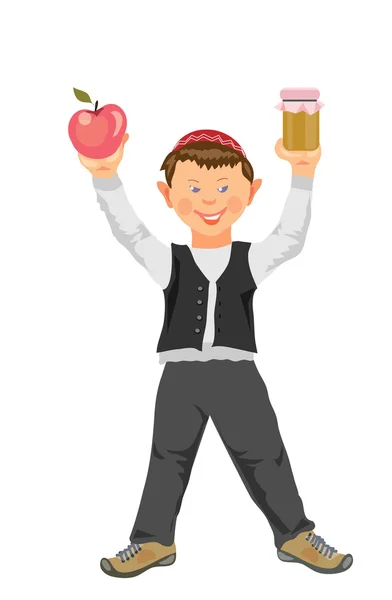 Shana tova, engraçada cartoon menino com maçã e mel . — Fotografia de Stock