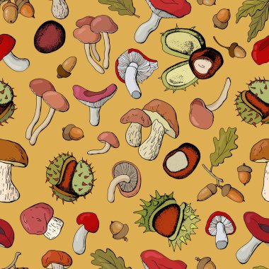 Mantarlı, meşe palamutlu ve kestaneli güz desenli. Kumaş, tekstil, duvar kağıdı, ambalaj için tasarım.