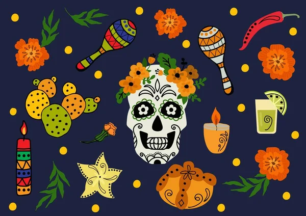 Hand Drawn Set Holiday Dia Los Muertos Vector Illustration — Stock Vector