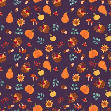 Balkabaklarıyla, böğürtlenleriyle, mantarlarıyla, elmalarıyla ve yapraklarıyla sonbaharda kusursuz desen. Kumaş, tekstil, duvar kağıdı, ambalaj için tasarım.