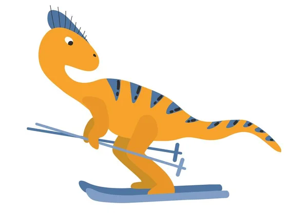 Joli Ski Dinosaure Style Dessiné Main Fond Blanc Isoler Illustration — Image vectorielle