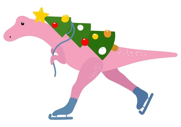 Mignon Dinosaure Noël Patinage Sur Glace Avec Arbre Noël Fond — Image vectorielle
