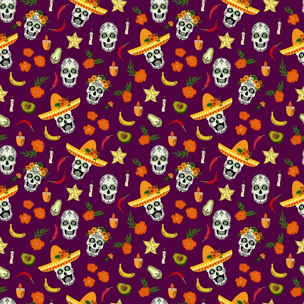 Dia De Los Muertos bayramı için kusursuz bir şablon. Kumaş, tekstil, duvar kağıdı, ambalaj için tasarım.