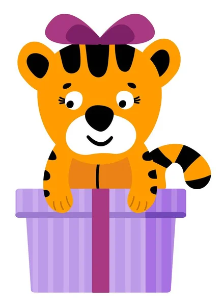 Cute Hand Drawn Tiger Cub Gift Box Childish Vector Illustration — Stock Vector