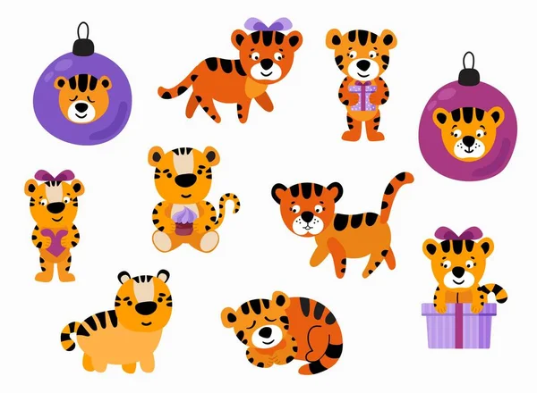 Carino Set Disegnato Mano Cuccioli Tigre Fondo Bianco Isolate Illustrazione — Vettoriale Stock