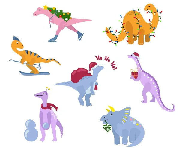 Conjunto Dinosaurios Navidad Estilo Dibujado Mano Fondo Blanco Aislado Ilustración — Archivo Imágenes Vectoriales