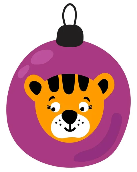 Boule Noël Avec Petit Tigre Style Dessiné Main Fond Blanc — Image vectorielle
