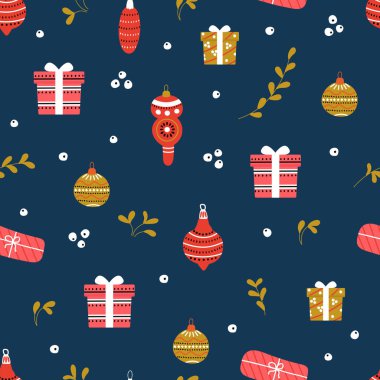 Kusursuz bir Noel deseni. Hediyeler, Noel ağacı süslemeleri, ökseotu filizleri. Elle çizilmiş stil. Kumaş, ambalaj, ambalaj kağıdı tasarımı.