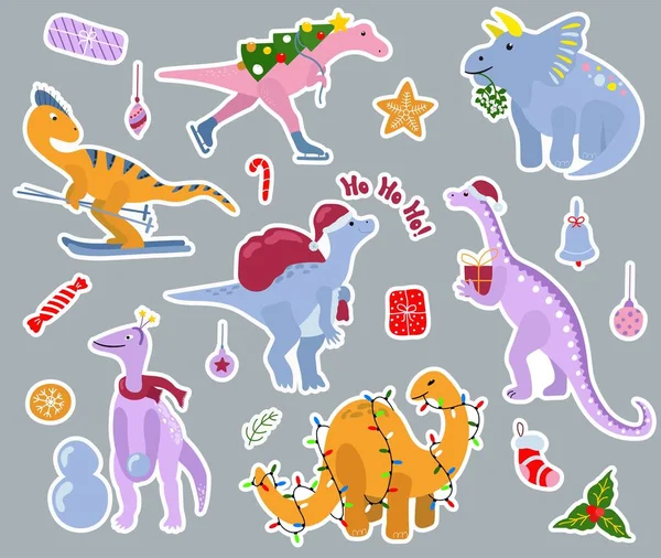 Set Pegatinas Navideñas Dinosaurios Dibujados Ilustración Vectorial — Vector de stock