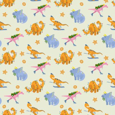 Kış dinozorları ile hoş, pürüzsüz bir desen. Kumaş, tekstil, duvar kağıdı, ambalaj, ambalaj kağıdı tasarımı.