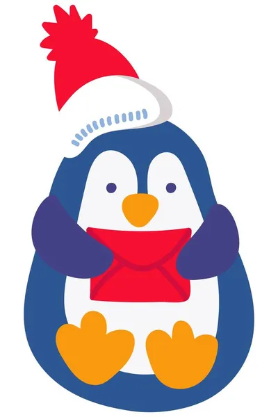Mignon Pingouin Dessiné Main Avec Une Enveloppe Rouge Fond Blanc — Image vectorielle