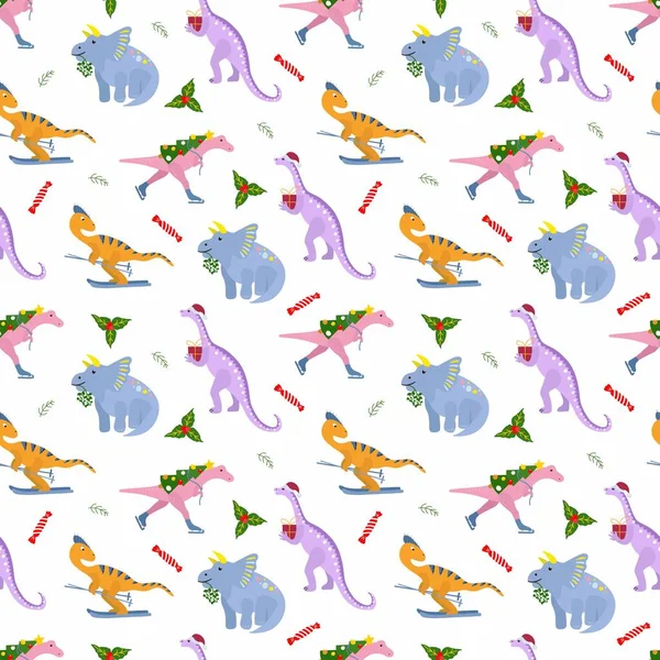 Weihnachten Nahtlos Niedliche Handgezeichnete Dinosaurier Design Für Gewebe Textilien Verpackungen — Stockvektor