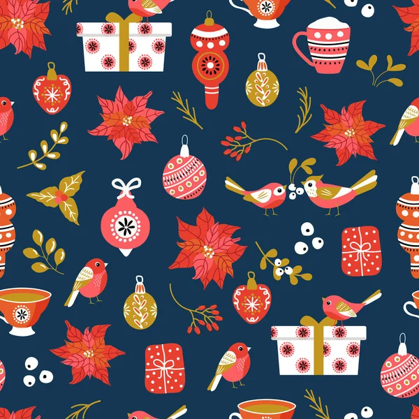 Fond Noël Cadeaux Décorations Noël Une Tasse Cacao Fleurs Poinsettia — Image vectorielle