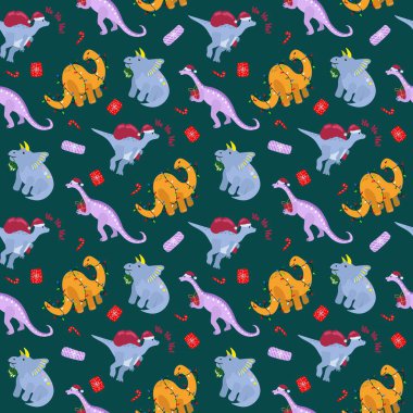 Kusursuz bir Noel deseni. Güzel el çizimi dinozorlar. Kumaş, tekstil, ambalaj, ambalaj kağıdı tasarımı.