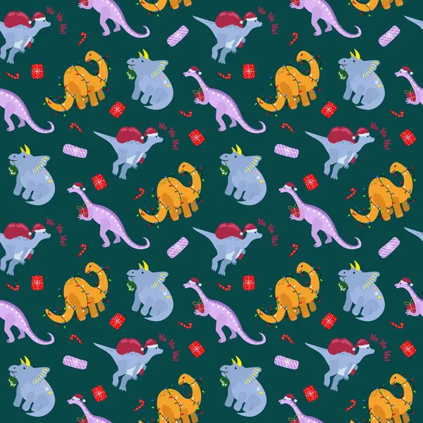 クリスマスのシームレスなパターン かわいい手描き恐竜 包装紙のためのデザイン — ストックベクタ