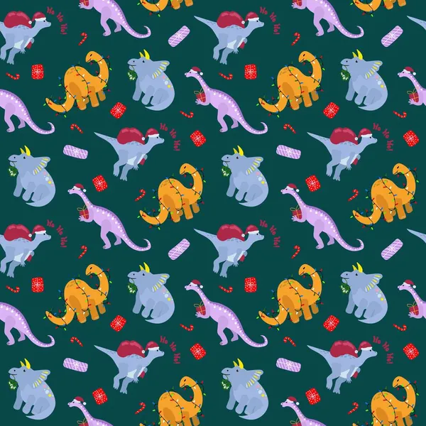 Kusursuz bir Noel deseni. Güzel el çizimi dinozorlar. Kumaş, tekstil, ambalaj, ambalaj kağıdı tasarımı.