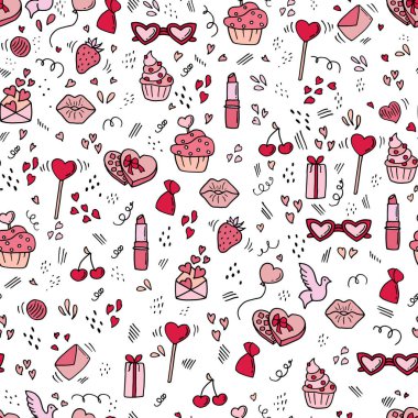 Sevgililer Günü - kusursuz desen. Doodle tarzı sevgililer günü kartı. Kumaş, tekstil, duvar kağıdı, ambalaj, ambalaj kağıdı tasarımı.