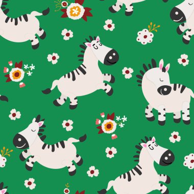 Güzel el çizimleri, zebralar ve çiçeklerle kusursuz bir desen. Kumaş, tekstil, duvar kağıdı, ambalaj, çocuk odası dekorasyonu için tasarım.