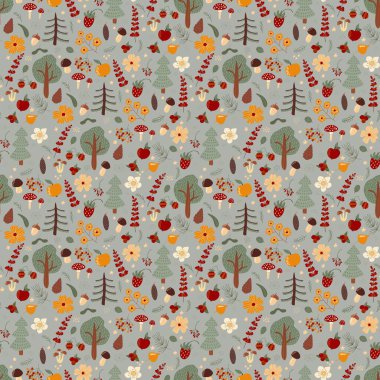 Elle çizilmiş, pürüzsüz desen. Noel ağaçları, çiçekler, elmalar, mantarlar, koniler, böğürtlenler. Kumaş, tekstil, duvar kağıdı, ambalaj için tasarım.