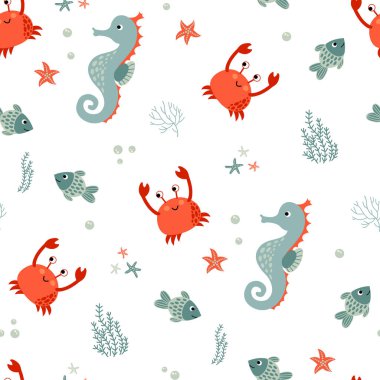 Seamless pattern with seahorse and crab. Hand-drawn style. Design for decorating a nursery.