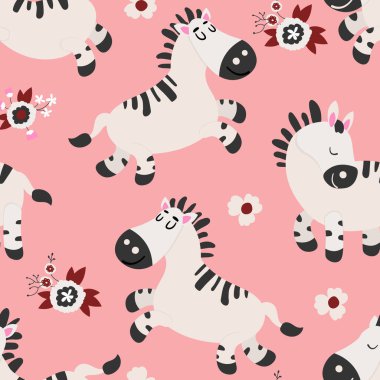 Güzel el çizimleri, zebralar ve çiçeklerle kusursuz bir desen. Kumaş, tekstil, duvar kağıdı, ambalaj, çocuk odası dekorasyonu için tasarım.