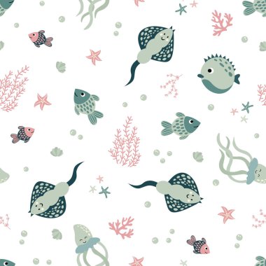 Marine seamless pattern. Stingray, Fish, algae, corals, starfish. Hand-drawn style. Design for decorating a nursery.