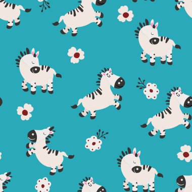 Güzel el çizimleri, zebralar ve çiçeklerle kusursuz bir desen. Kumaş, tekstil, duvar kağıdı, ambalaj, çocuk odası dekorasyonu için tasarım.