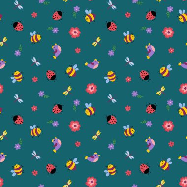 Yay pürüzsüz desen. Kuşlar, arılar, yusufçuklar, uğur böcekleri ve çiçekler. Tasarımınız için sonsuz dokular.