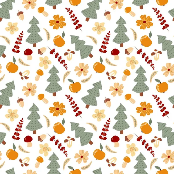 Modèle Sans Couture Dessiné Main Arbres Noël Fleurs Pommes Champignons — Image vectorielle