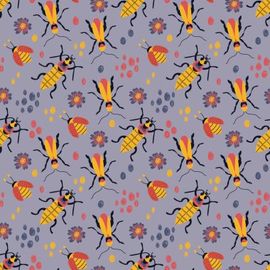 Sevimli el yapımı böceklerle kusursuz desen. Kumaş, tekstil, duvar kağıdı, ambalaj için tasarım.