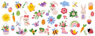 Büyük Paskalya seti. Çizim stili. Beyaz arka plan, tecrit. Vektör illüstrasyonu.