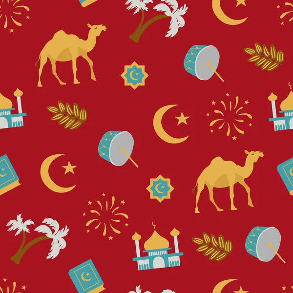 Patrón Sin Costuras Ramadan Kareem Mezquita Camello Lámpara Palmeras Dátiles — Archivo Imágenes Vectoriales