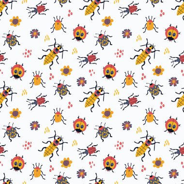 Sevimli el yapımı böceklerle kusursuz desen. Kumaş, tekstil, duvar kağıdı, ambalaj için tasarım.