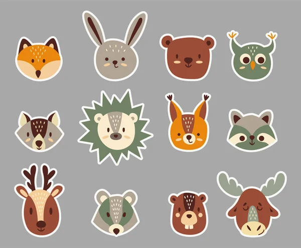 Caras Lindas Animales Del Bosque Pegatinas Imprimibles Para Cricut — Vector de stock