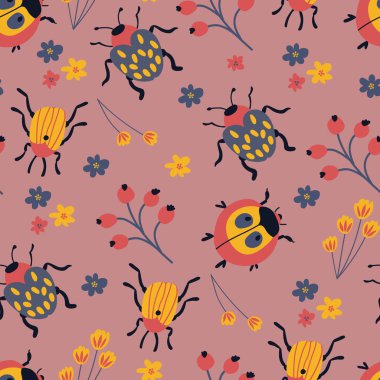 Sevimli el yapımı böceklerle kusursuz desen. Kumaş, tekstil, duvar kağıdı, ambalaj için tasarım.