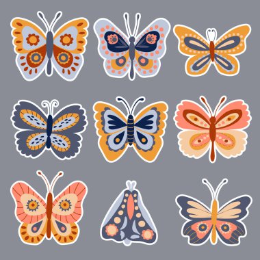 Kelebek çıkartmaları hazır. Çizim stili. Vektör illüstrasyonu.