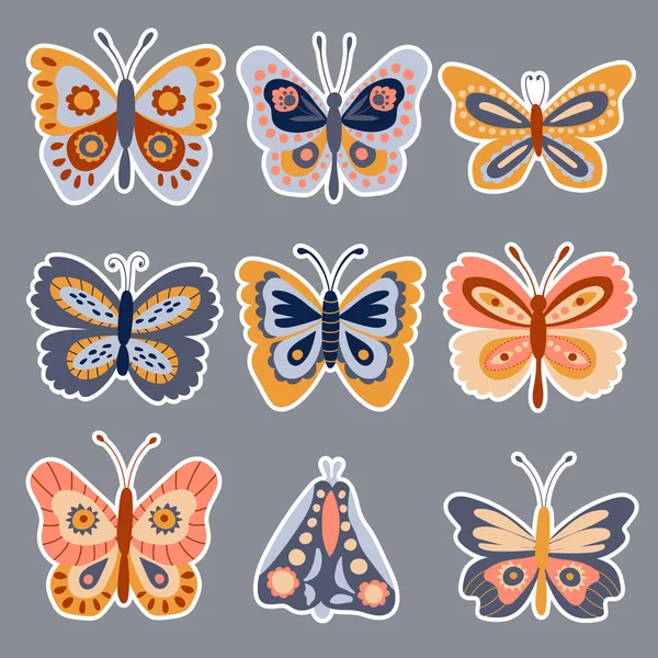 Set Autocollants Papillon Style Dessiné Illustration Vectorielle — Image vectorielle
