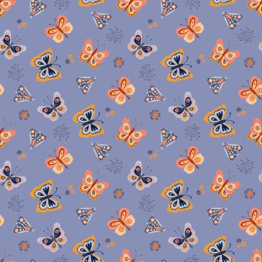 Şirin kelebekli kusursuz bir desen. Kumaş, tekstil, duvar kağıdı, ambalaj için tasarım.