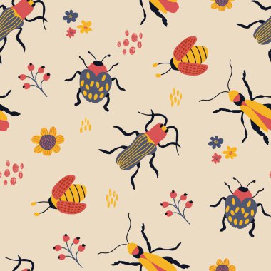 Sevimli el yapımı böceklerle kusursuz desen. Kumaş, tekstil, duvar kağıdı, ambalaj için tasarım.