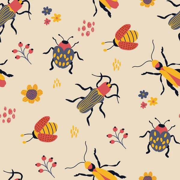 Sevimli el yapımı böceklerle kusursuz desen. Kumaş, tekstil, duvar kağıdı, ambalaj için tasarım.