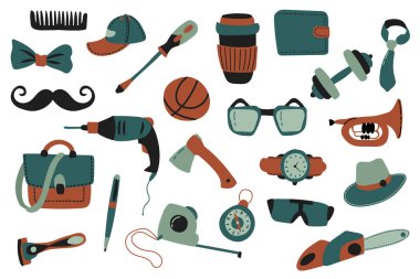 Babalar günü için bir takım elementler. Çizim stili. Beyaz arka plan, tecrit. Vektör illüstrasyonu.