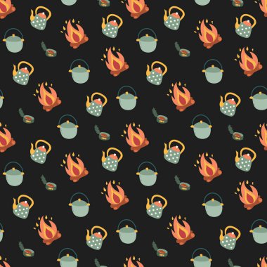 Kamp elementleriyle kusursuz bir düzen. Kumaş, tekstil, duvar kağıdı paketleme için tasarım.