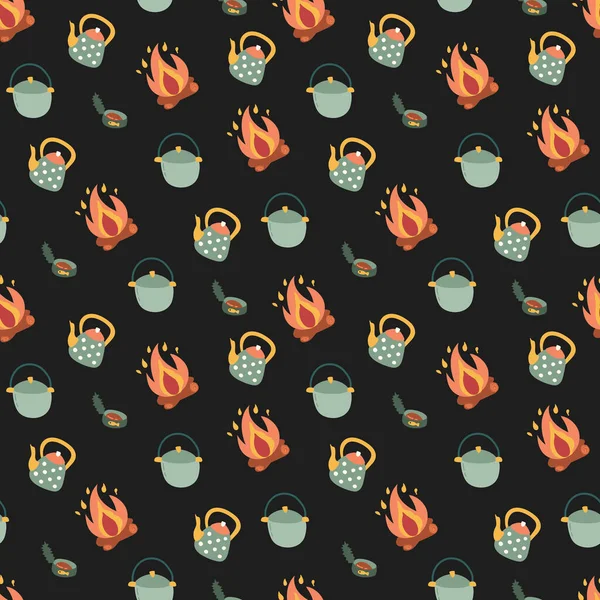 Kamp elementleriyle kusursuz bir düzen. Kumaş, tekstil, duvar kağıdı paketleme için tasarım.