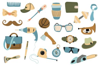 Babalar günü için bir takım elementler. Çizim stili. Beyaz arka plan, tecrit. Vektör illüstrasyonu.